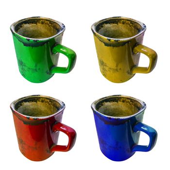 A set of disgusting super dirty coffe mug isolated on white background with selective focus. Spoon included.