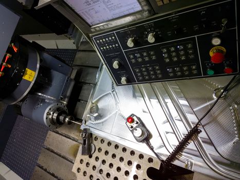 Measuring process with ruby touch probe on large CNC milling machine in jog mode.