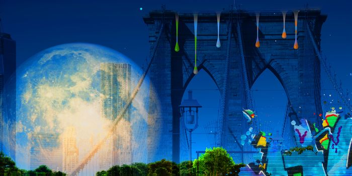 Surreal digital art. Brooklyn bridge on New York's cityscape. Giant moon, pieces of graffiti and paint drops