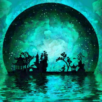 Digital oil painting. Asian silhouettes on waterfront. Giant moon at the horizon