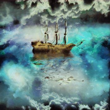 Surreal painting. Ancient ship in the sky ocean