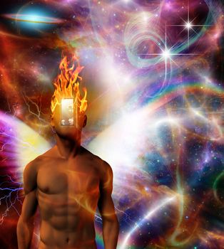 Burning mind in cosmic space. Man with open door instead of face and angel wings