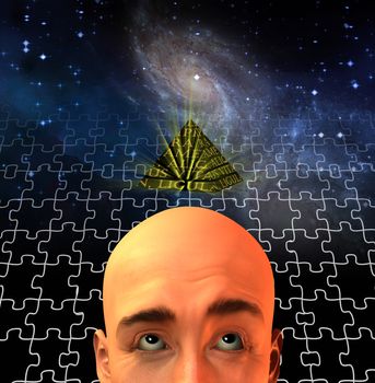 Pyramid puzzle over man head