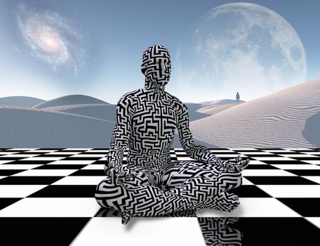 Surrealism. Man with maze pattern sits in lotus pose on a chess board. Lonely traveler in the white sands dune. 3D rendering
