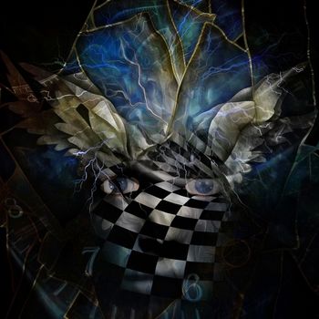 Surrealism. Face with chessboard pattern. Spirals of time and lightnings