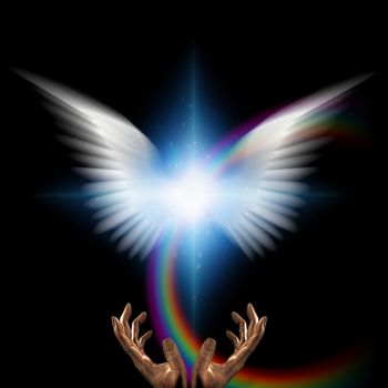 Surreal digital art. Moment of creation. Bright star with white angel's wings and rainbow. Hands of creator