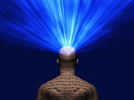 Man covered in text with light radiating from mind