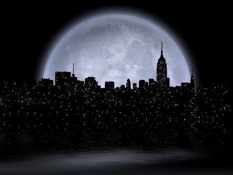 NYC Cityscape reflects in the moon. 3D Rendering