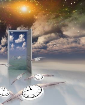 Sky fields of clouds. Opened door to another world. Winged clocks represents flow of time