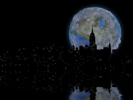 3D rendering. Terraformed moon over night city. Manhattan