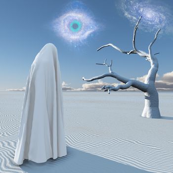 Figure in white clothes stands in surreal white desert. Planet Zen