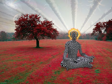 Spiritual composition. Man meditates in lotus pose in surreal landscape