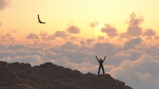 Man meets mountain sunrise. Eagle flies in cloudy sky