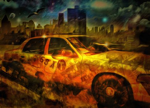 Surreal painting. New York taxi or Yellow Cab