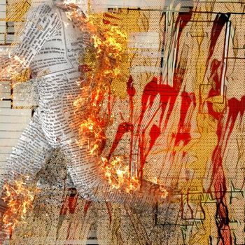 Abstraction. Burning figure of paper man. Stains and brush strokes at the background.