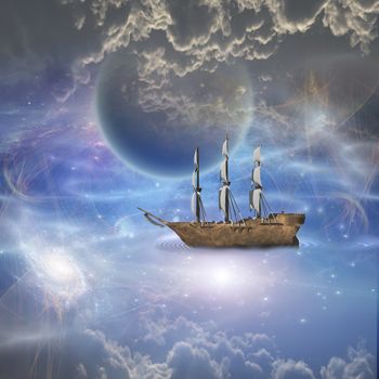 Sailing ship with full sails in fantastic space scene. Vivid clouds and Moon. Dream or imagination