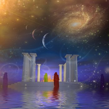 Surreal digital art. White ancient temple with fire inside is situated on a water surface. Priests stands around. Parade of planets. Spirals of time.