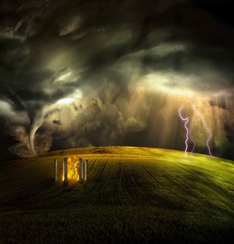 Tempte of Fire in surreal field. Storm in the sky