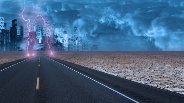 Stormy sky on desert road leading into futuristic city