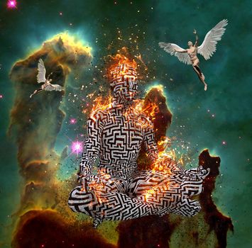 Surrealism. Figure of man with maze pattern in lotus pose in flames. Men with wings represents angels. 3D rendering