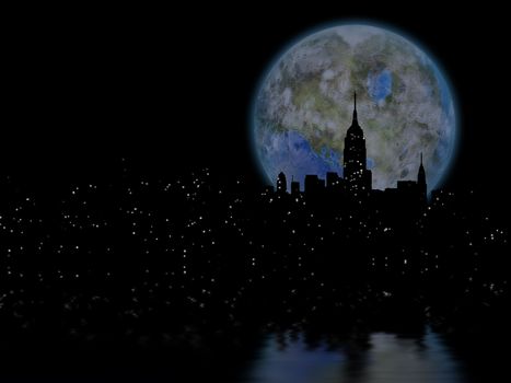 3D rendering. Terraformed moon over night city