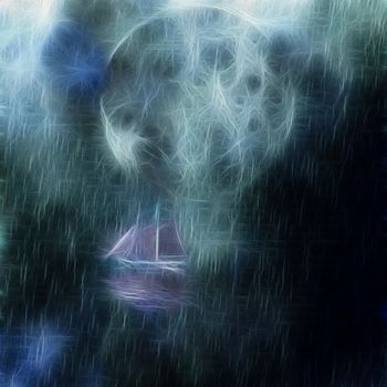Moonlight Cruise. Digital abstract. Sailboat in calm water, giant moon in the sky