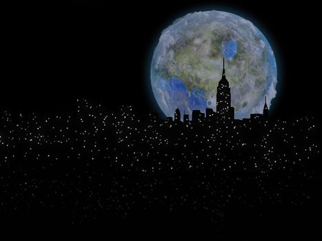 3D rendering. Terraformed moon over night city