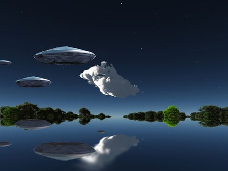 Flying saucers flies above ocean on water planet. Green forest at the horizon