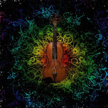Violin. Colorful swirls on background. Words