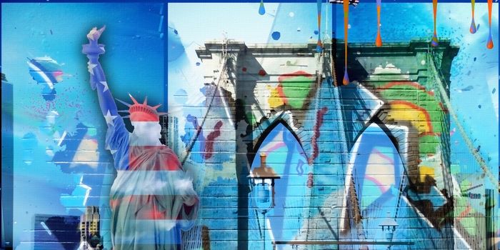 Modernism. Liberty statue in national colors with graffiti