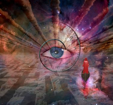 Figure in red robe floating to God's eye above the cloud maze