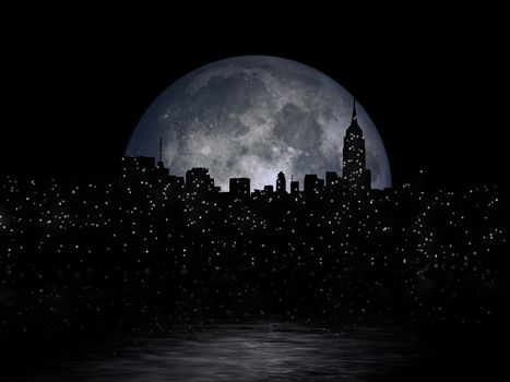 3D rendering. Full moon over night city