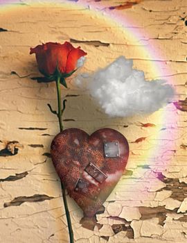 Surrealism. Red rose and rusted heart with metal patches. Cloud and rainbow