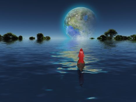 Figure in cloak floats in boat towards terraformed moon. 3D rendering