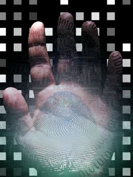 Human hand with binary code. Electronic circuit board at the background