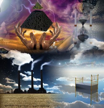 Surreal composition. Dreams of Time. Hourglass, bed and mystic pyramid