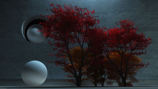 Japanese garden. Cute trees with red leaves. 3D rendering