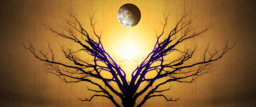 Mystic Tree of Life. Moon in The Sky. Sunset or Sunrise