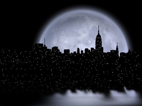 NYC skyline and full moon. 3D Rendering