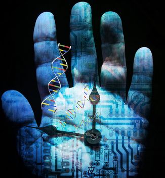 Human's palm with clock hands and DNA chains. Electronic circuit on a background