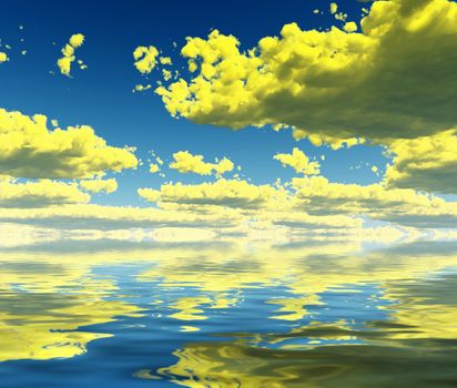 Surreal digital art. Yellow clouds reflected in the water surface