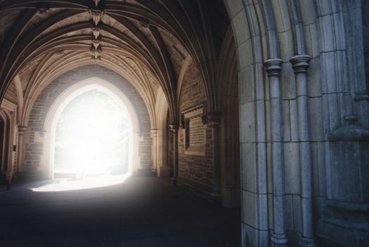 Gothic archway with light illuminating the path.