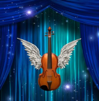 Winged Violin. Blue stage curtains