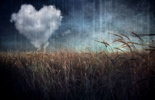 Heart cloud over field. Digital painting in muted colors