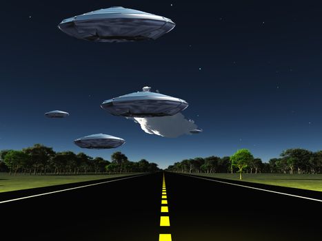 Flying saucers over the highway. Space travelers