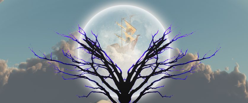 Surreal scene. Mystic tree in moonlight. Ancient ship in the sky
