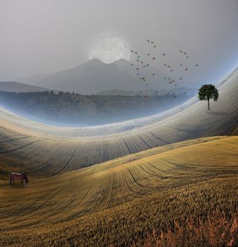 Peaceful Landscape with Mountain and grazing horse