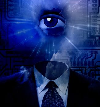 Overseer. Man's suit and eye on circuit board background