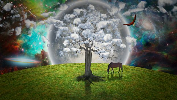 Peaceful Landscape. Horse grazes near clouds tree, eagle flies in vivid sky