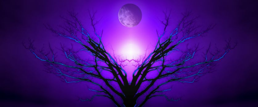 Mystic Tree of Life. Moon in the Purple Sky